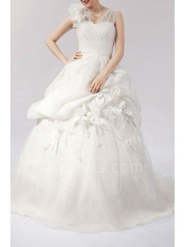 Organza Straps Sweep Train Ball Gown Wedding Dress with Handmade Flowers