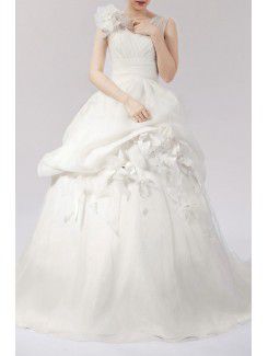 Organza Straps Sweep Train Ball Gown Wedding Dress with Handmade Flowers