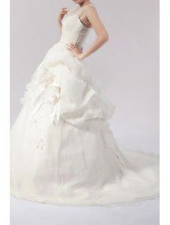 Organza Straps Sweep Train Ball Gown Wedding Dress with Handmade Flowers