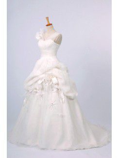 Organza Straps Sweep Train Ball Gown Wedding Dress with Handmade Flowers