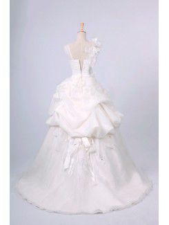 Organza Straps Sweep Train Ball Gown Wedding Dress with Handmade Flowers