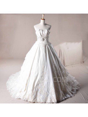 Satin Strapless Chapel Train Ball Gown Wedding Dress with Crystal