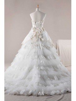 Satin Strapless Chapel Train Ball Gown Wedding Dress with Crystal