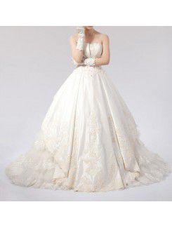 Satin Strapless Chapel Train Ball Gown Wedding Dress with Crystal