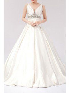 Satin V-neck Chapel Train Ball Gown Wedding Dress with Crystal