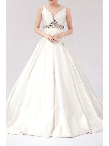 Satin V-neck Chapel Train Ball Gown Wedding Dress with Crystal