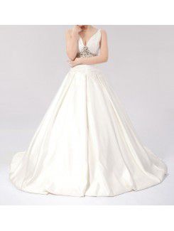 Satin V-neck Chapel Train Ball Gown Wedding Dress with Crystal