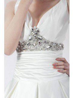 Satin V-neck Chapel Train Ball Gown Wedding Dress with Crystal