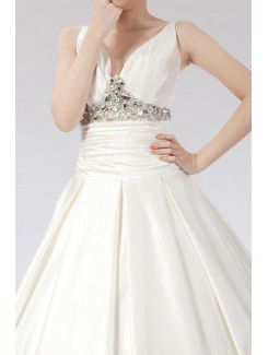 Satin V-neck Chapel Train Ball Gown Wedding Dress with Crystal