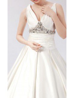 Satin V-neck Chapel Train Ball Gown Wedding Dress with Crystal