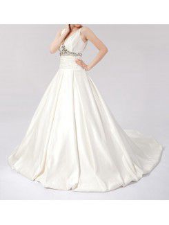 Satin V-neck Chapel Train Ball Gown Wedding Dress with Crystal