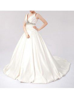 Satin V-neck Chapel Train Ball Gown Wedding Dress with Crystal