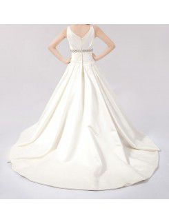 Satin V-neck Chapel Train Ball Gown Wedding Dress with Crystal