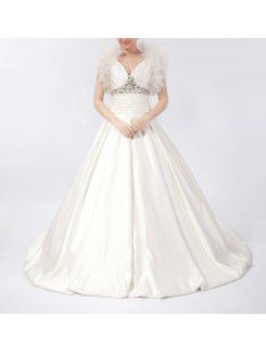 Satin V-neck Chapel Train Ball Gown Wedding Dress with Crystal