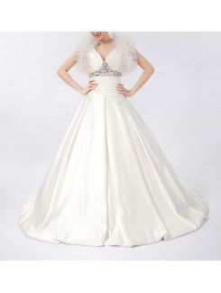 Satin V-neck Chapel Train Ball Gown Wedding Dress with Crystal