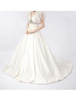 Satin V-neck Chapel Train Ball Gown Wedding Dress with Crystal