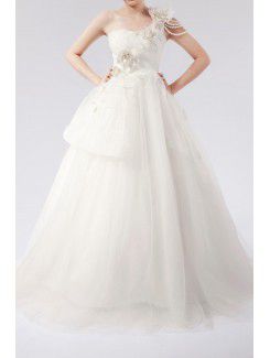 Net One Shoulder Floor Length Ball Gown Wedding Dress with Handmade Flowers