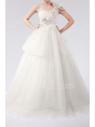 Net One Shoulder Floor Length Ball Gown Wedding Dress with Handmade Flowers