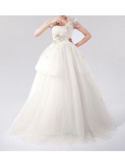 Net One Shoulder Floor Length Ball Gown Wedding Dress with Handmade Flowers