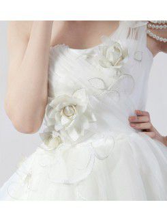 Net One Shoulder Floor Length Ball Gown Wedding Dress with Handmade Flowers