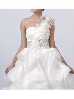 Satin One Shoulder Sweep Train Ball Gown Wedding Dress with Crystal