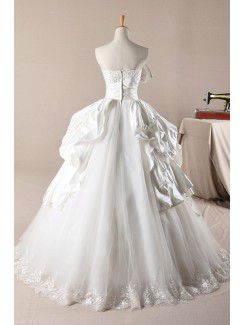 Satin Strapless Sweep Train Ball Gown Wedding Dress with Pearls