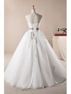 Lace Strapless Floor Length Ball Gown Wedding Dress with Handmade Flowers