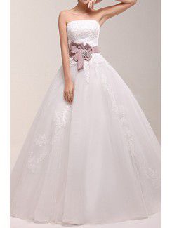 Lace Strapless Floor Length Ball Gown Wedding Dress with Handmade Flowers