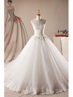 Net Strapless Chapel Train Ball Gown Wedding Dress with Pearls