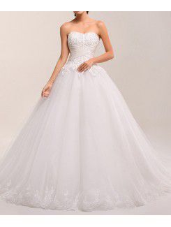 Net Strapless Chapel Train Ball Gown Wedding Dress with Pearls