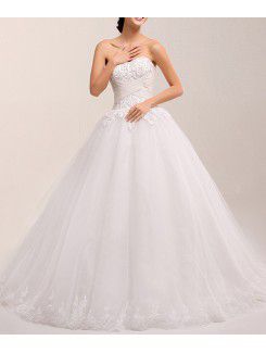 Net Strapless Chapel Train Ball Gown Wedding Dress with Pearls