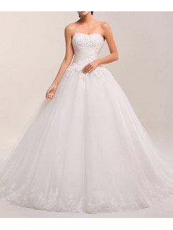 Net Strapless Chapel Train Ball Gown Wedding Dress with Pearls