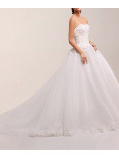 Net Strapless Chapel Train Ball Gown Wedding Dress with Pearls