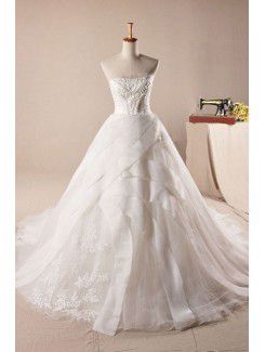 Organza scoop varrer trem de bola vestido de casamento vestido com pérolas