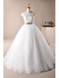 Lace Off-the-Shoulder Floor Length Ball Gown Wedding Dress with Crystal