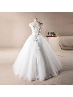 Lace Off-the-Shoulder Floor Length Ball Gown Wedding Dress with Crystal