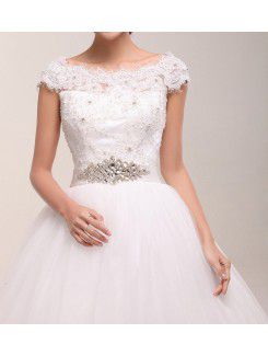 Lace Off-the-Shoulder Floor Length Ball Gown Wedding Dress with Crystal