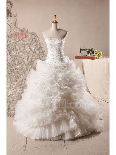 Organza strapless chão comprimento bola vestido de casamento vestido com pérolas