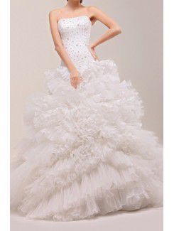 Organza Strapless Floor Length Ball Gown Wedding Dress with Pearls