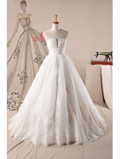 Organza strapless varrer trem de bola vestido de casamento vestido com cristal