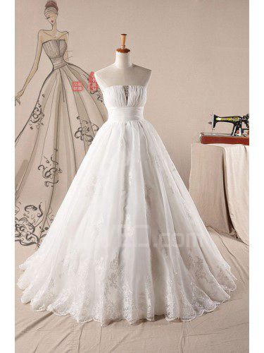 Organza strapless varrer trem de bola vestido de casamento vestido com cristal