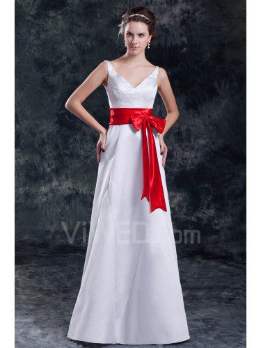 Satin V-Neck Floor Length A-line Sash Wedding Dress