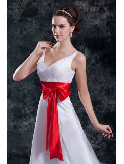 Satin V-Neck Floor Length A-line Sash Wedding Dress