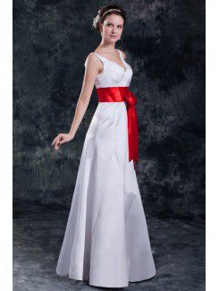 Satin V-Neck Floor Length A-line Sash Wedding Dress