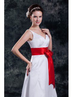 Satin V-Neck Floor Length A-line Sash Wedding Dress