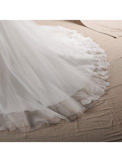 Net Straps Sweep Train Ball Gown Wedding Dress with Pearls