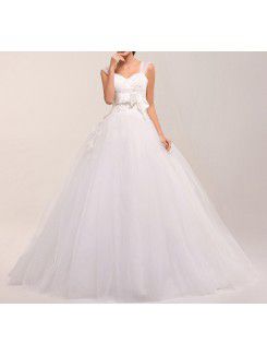 Net Straps Sweep Train Ball Gown Wedding Dress with Pearls