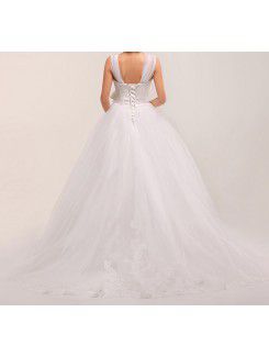 Net Straps Sweep Train Ball Gown Wedding Dress with Pearls