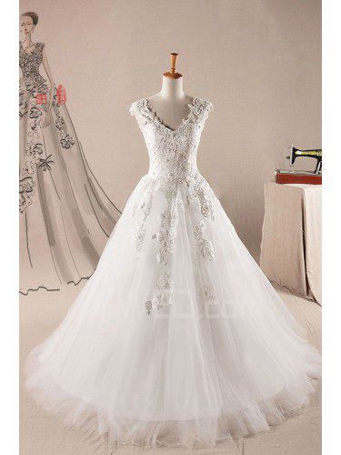 Lace V-neck Sweep Train Ball Gown Wedding Dress with Pearls