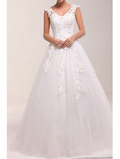 Lace V-neck Sweep Train Ball Gown Wedding Dress with Pearls